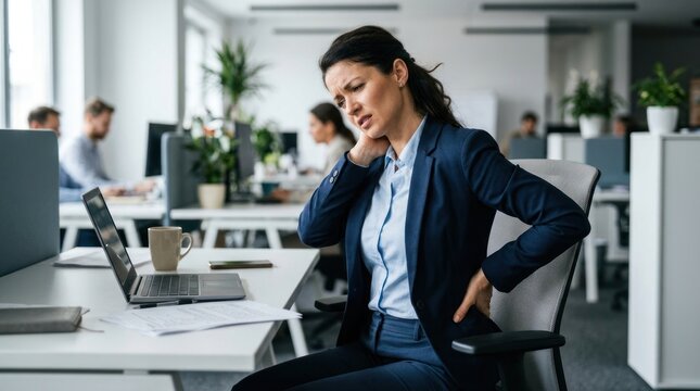 A woman in a business suit winces in pain while sitting at her desk. She is holding her lower back and neck, indicating discomfort.