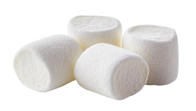 Fluffy white marshmallows piled together, isolated on transparent background