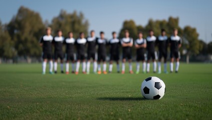 Obraz premium Football sitting on green grass field with a blurred team of male athletes in uniform standing in background, representing sport, youth, competition, and teamwork