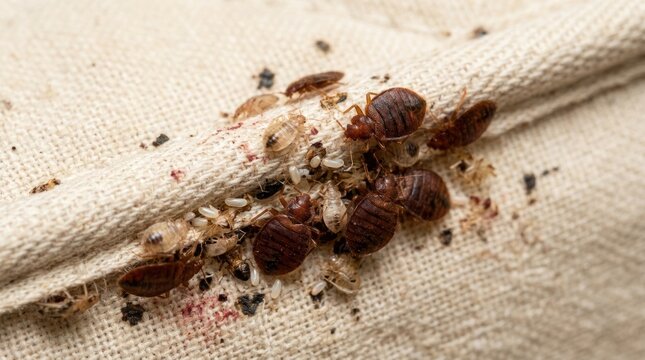 A cluster of bed bugs and their eggs are clinging to a beige fabric. The bugs are various stages of development, including adults and nymphs.