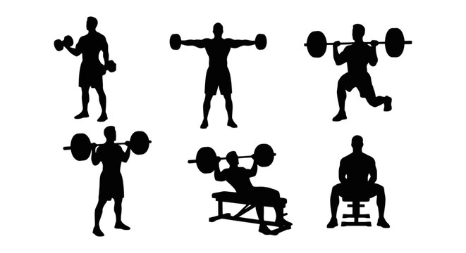 Silhouettes of people performing various weightlifting exercises.
