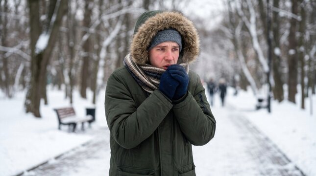 A man shivers in a park on a cold winter day. He wears a green parka, a fur-lined hood, gray gloves, and a gray beanie.