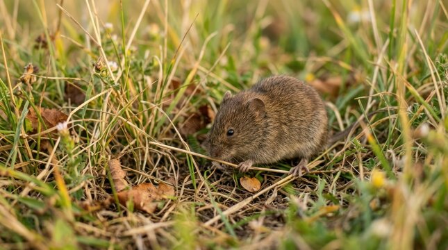 A small brown vole cautiously explores a patch of grass and fallen leaves. The rodent is intently focused on something on the ground, using its nose to investigate.