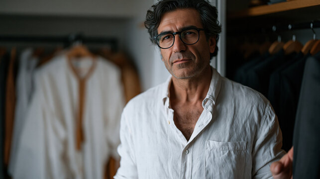 Iranian man in his forties standing before two clothing racks in bedroom, one traditional the other corporate, hand hovering between both, identity conflict, bicultural adult,