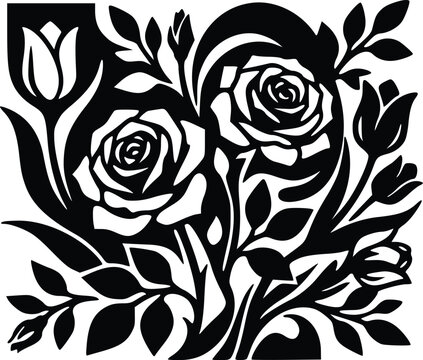 Elegant black and white floral vector illustration featuring intricate roses and tulips designed with bold high contrast artistic graphic shapes