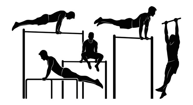Silhouette Figures Performing Gymnastic Exercises on Parallel Bars.