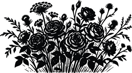 Elegant black and white floral vector illustration featuring blooming roses and wild foliage created in a classic woodcut artistic style © Arun