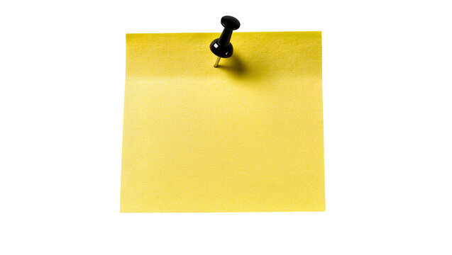 Yellow sticky note pinned with a black pushpin, isolated on transparent background
