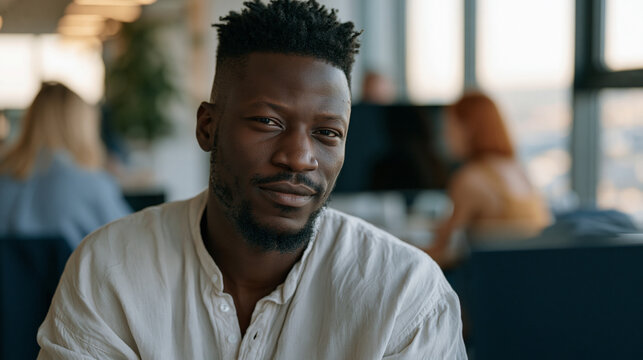 Nigerian software engineer in open-plan tech office staring at own reflection in dark monitor screen, colleagues animated in background, internal doubt expression, imposter