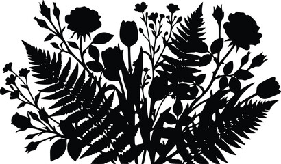 Detailed black vector illustration featuring a beautiful bouquet of wild flowers and fern leaves arranged in a classic artistic style © Arun
