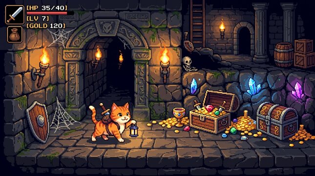 Pixel art cat exploring a fantasy dungeon with treasure chests and glowing crystals for retro game design and adventure quest concept