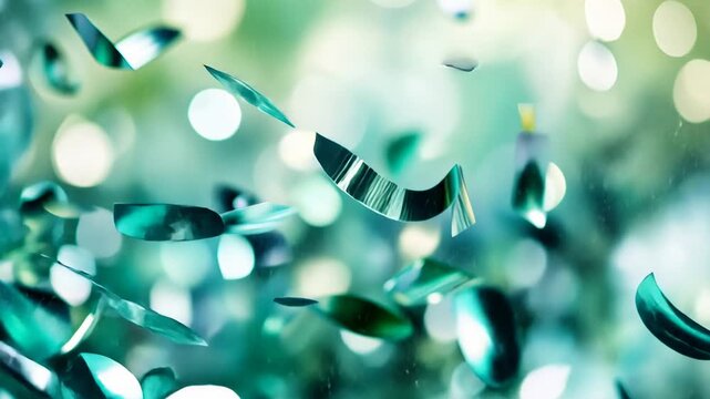 Abstract green bokeh with falling leaves and soft light reflections