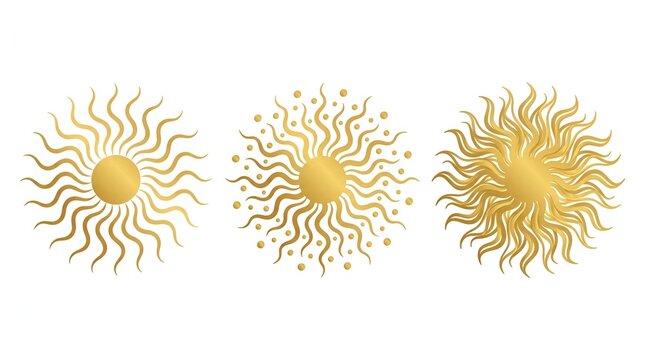 Set of three decorative sun icons with wavy rays in yellow and orange colors