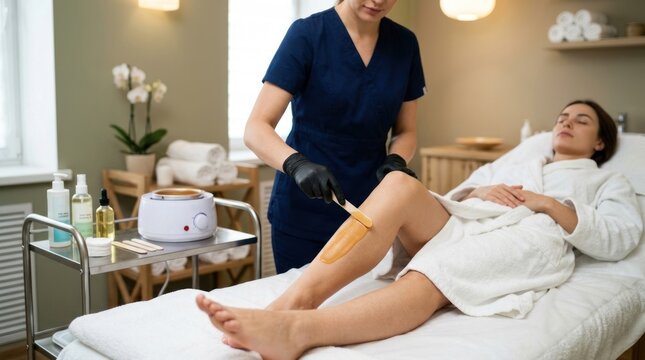 A female aesthetician performs a waxing treatment on a woman's legs. The aesthetician, wearing a dark blue uniform and black gloves, carefully applies warm wax to the woman's legs.