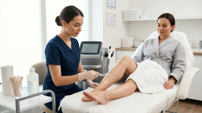 A female aesthetician is performing a microcurrent facial treatment on a female client.