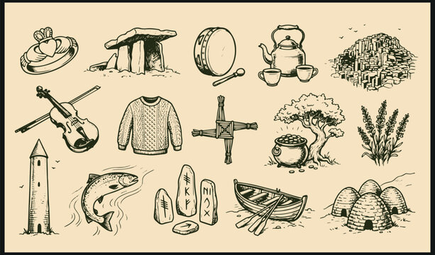 Irish culture illustration with claddagh ring dolmen fiddle and heritage symbols in a traditional setting