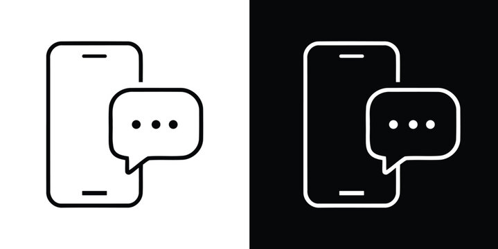 Smartphone Message Notification Vector Icon Set, Line Art Mobile Chat Symbol on Black and White Backgrounds