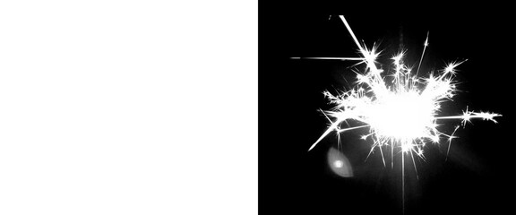 Fototapeta premium Sparkling white firework burst on black background, glowing light flare with radiant sparks, festive pyrotechnic explosion for holiday design