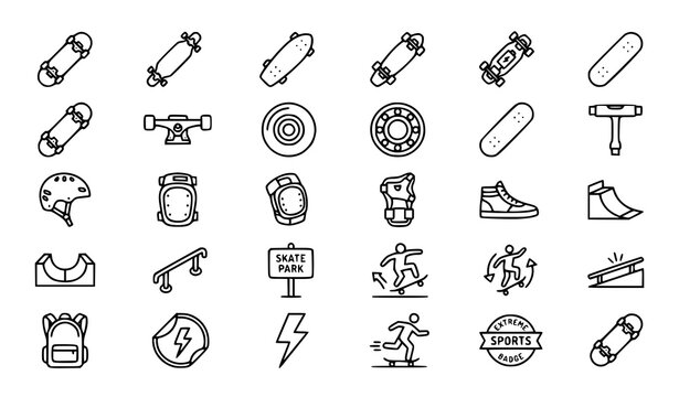 Skateboard Outline Icon Set Editable Vector Collection for Skateboarding and Extreme Sports