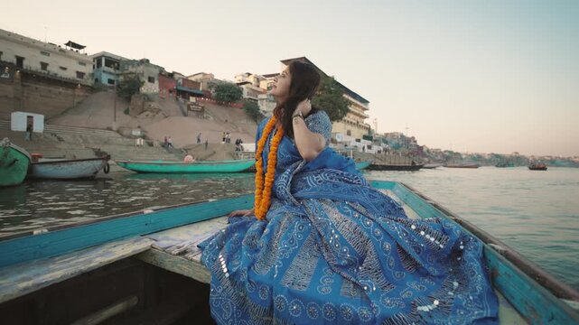 Varanasi River View with Indian Traditional Girl 