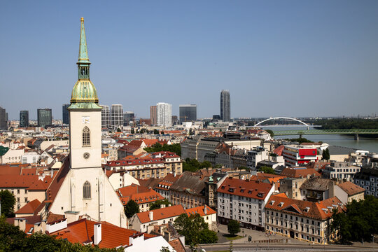 Panoramic view of Bratislava cityscape with St. Martin's Cathedral and Danube River