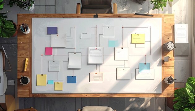 Top View UX Planning Board with Blank Interface Cards and Laptop