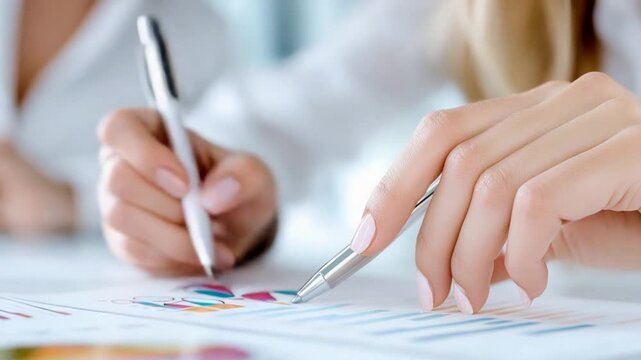 Close-up of businesswoman analyzing financial chart with pen and paper in office setting