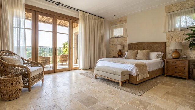 Luxury Rustic Bedroom Interior with Wooden Furniture, Stone Walls and Large Glass Doors