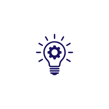 Dark blue of a glowing light bulb with a mechanical gear inside, representing innovation, technical ideas, and industrial solutions