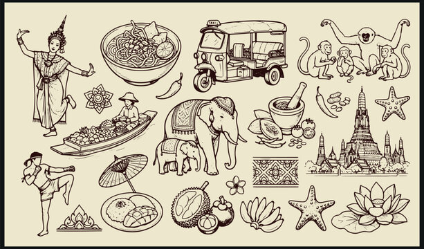 Thai culture illustration with dancer elephant tuk tuk and heritage symbols in a traditional setting