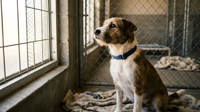 A Lonely Mixed Breed Dog Sitting Inside an Animal Shelter Cage Waiting for a New Family and a Forever Loving Home