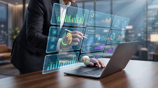 Business finance concept featuring a professional analyzing financial data with a holographic interface on a laptop in a modern office with city view, supporting strategic decisions and innovation.
