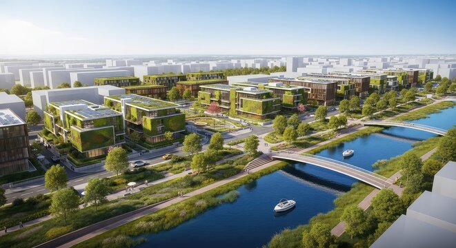 A high-angle view of a modern urban redevelopment project showcasing sustainable architecture, lush parklands, and a blue river flowing through, aerial, green space, panoramic