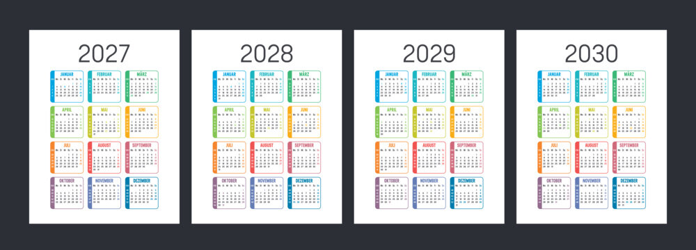 Kalender Bundle 2027 2028 2029 2030 deutsch farbenfroh, Kalenderwochen, wei&szlig; Hintergrund, Feiertage Deutschland, Vektor