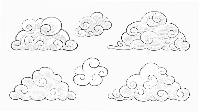 Eight distinct cloud shapes in a hand drawn style presented as a vector illustration on a white background