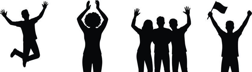 Fototapeta premium Celebration People Silhouette Collection with Jumping Cheering Waving and Victory Poses Vector Set