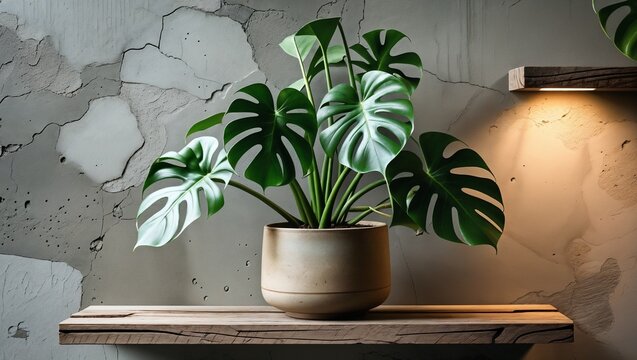 Lush potted Monstera houseplant with large green leaves on a minimalist wooden shelf against a textured concrete wall, soft light