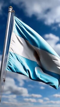 Argentina flag waving in the wind against a bright blue sky, vertical video featuring vibrant national colors, patriotic atmosphere and realistic fabric movement