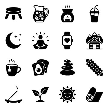 Set of sixteen black silhouette depicting wellness, healthy lifestyle, yoga, meditation, and mindfulness activities and