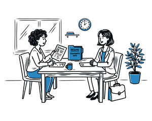 Fototapeta premium Engaging hand drawn doodle element flat illustration capturing a productive business meeting or job interview between two women in a modern office environment