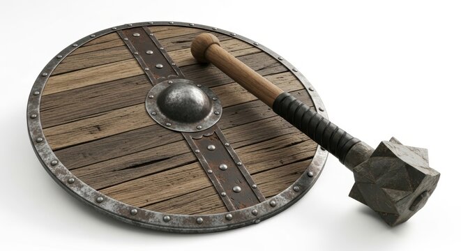 Medieval Wooden Shield and Iron Mace Weapon Set Isolated on White Background 