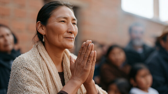 Bolivian community organizer standing at the front of a peaceful neighborhood demonstration in a market district, hands raised to quiet the crowd rather than inflame it, elders