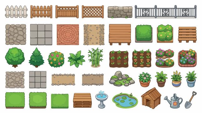 Pixel art garden assets collection, isometric farm game elements with plants and fences, 2D game environment tileset for landscaping and gardening