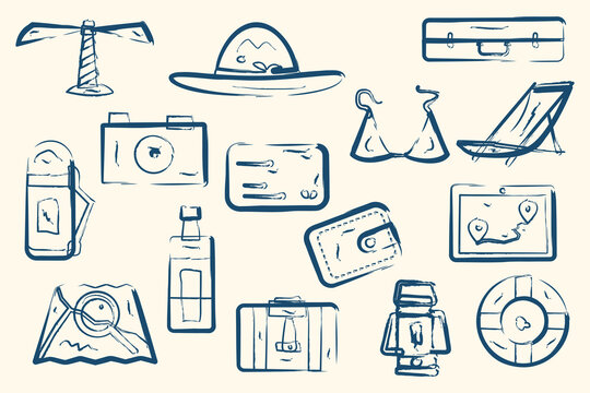 Summer road trip beach packing vector icons pack ocean travel gear doodles set
