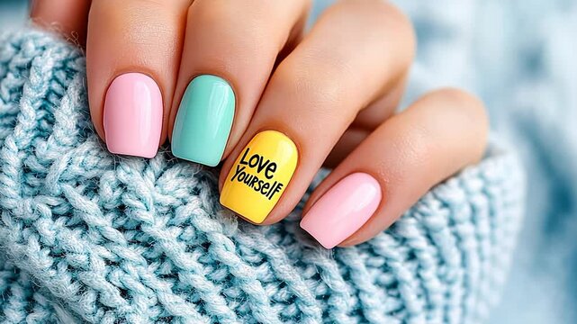 Multicolored manicure with inspirational text on knitted background