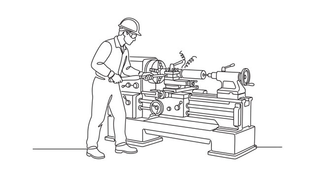Continuous line drawing of a skilled machinist operating a lathe machine.
