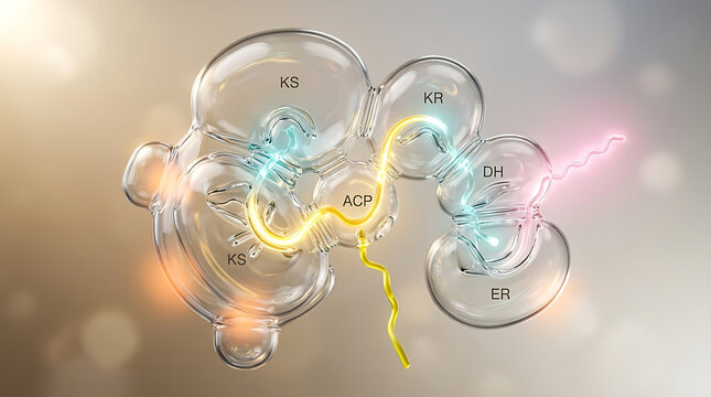 Premium Pristine Transparent Bacterial Fatty Acid Synthase Cutaway Lipid Biochemistry Visualization with Acyl Chain Elongation and Iterative Reduction Cycles