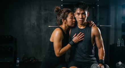 Happiness young couple Sport Trainer at Fitness training. © Watercolor_Concept