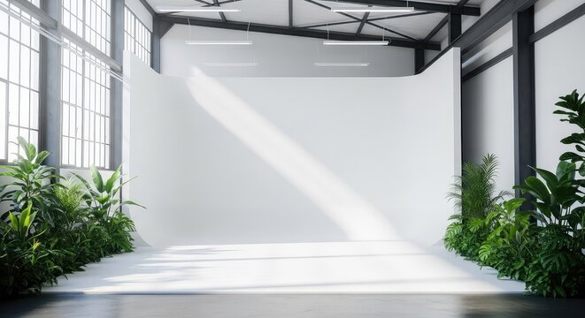 A spacious industrial warehouse photo studio features a large white cyclorama wall, lush green plants, and bright natural morning light, cyclo, loft, light