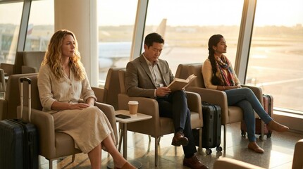 Fototapeta premium Three individuals sit in an airport lounge with their travel bags and drinks while waiting for a flight in the evening light